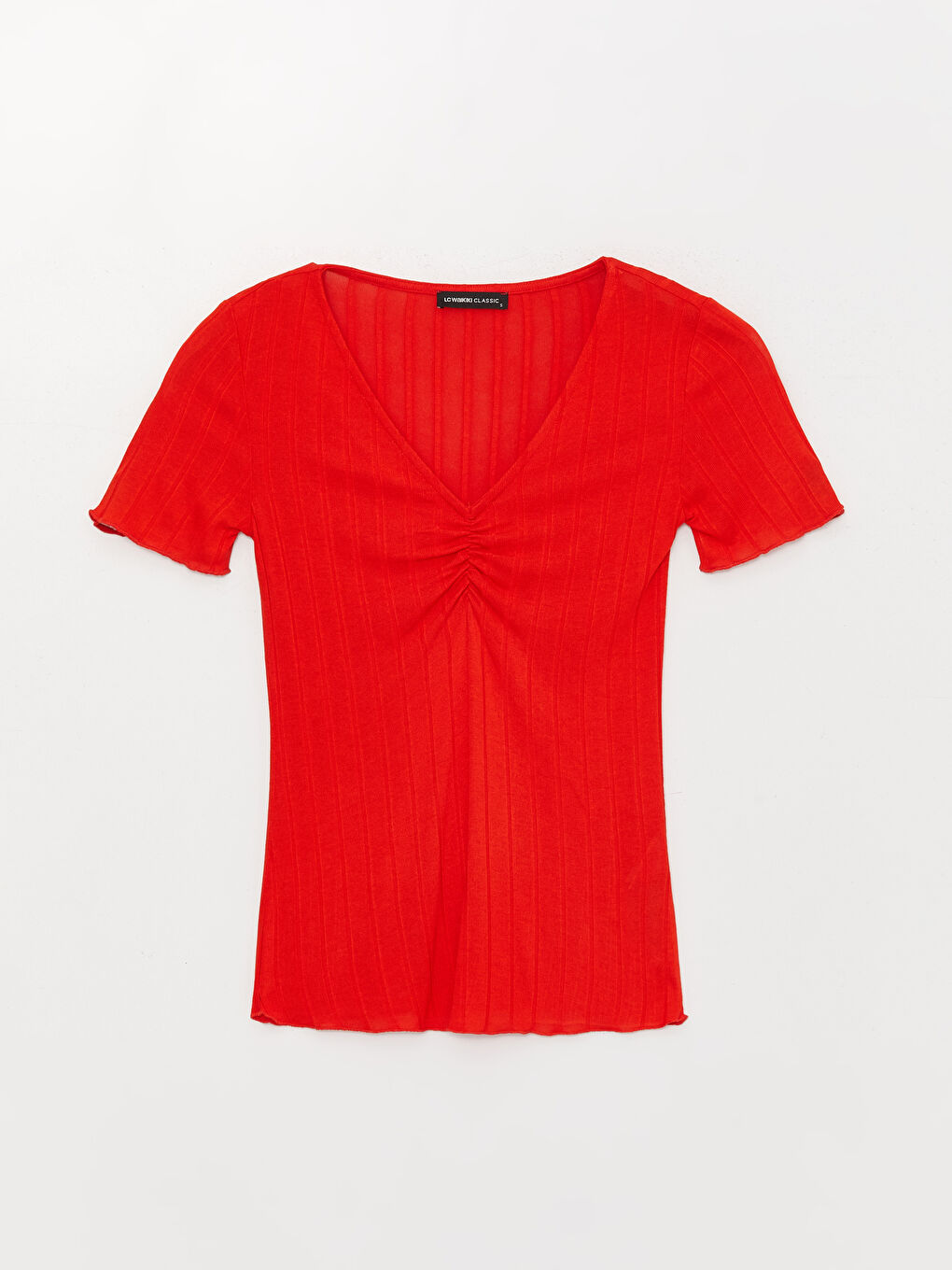 Kırmızı V Yaka Düz Kısa Kollu Kadın Tişört-4