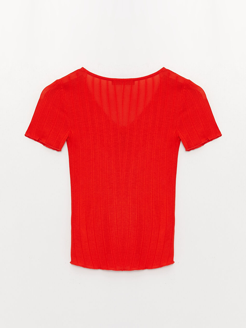 Kırmızı V Yaka Düz Kısa Kollu Kadın Tişört-5