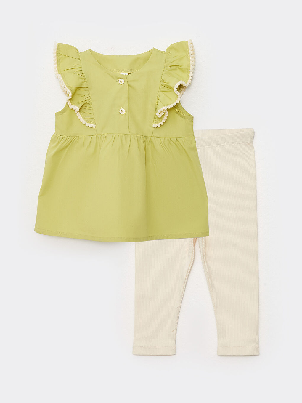 Yeşil Bisiklet Yaka Fırfır Detaylı Bluz ve Tayt Kız Bebek 2'li Takım