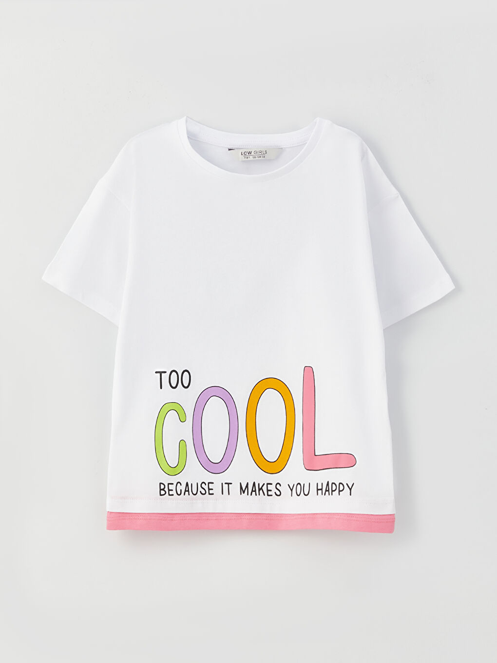 Beyaz Bisiklet Yaka Baskılı Kısa Kollu Kız Çocuk Tişört