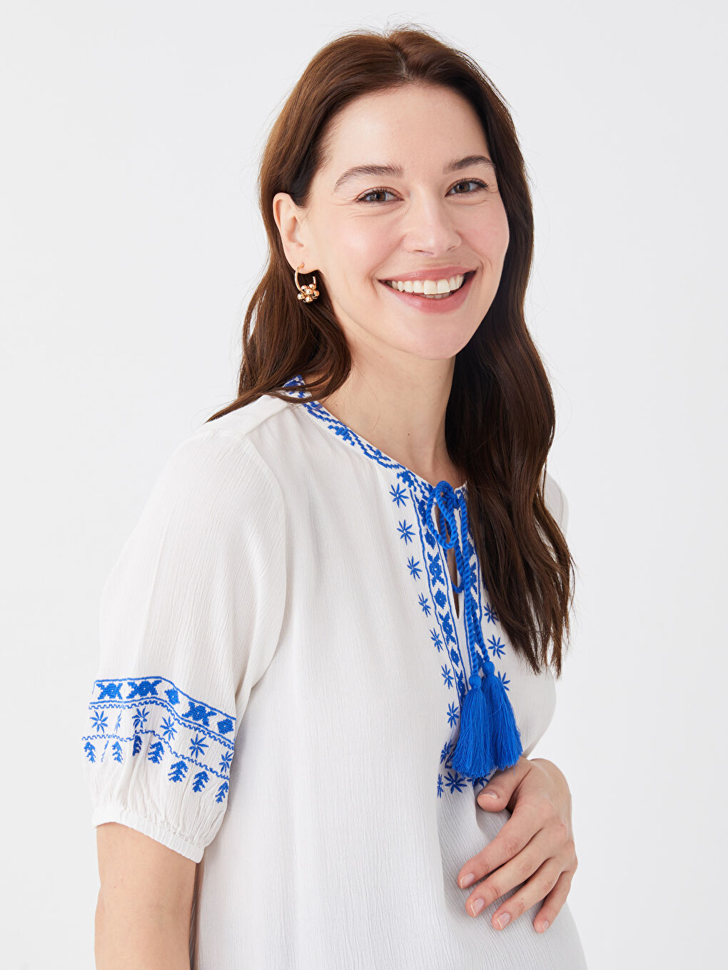 Lapel Collar Embroidered Short Sleeve Maternity Blouse -S3CA67Z8-E5X