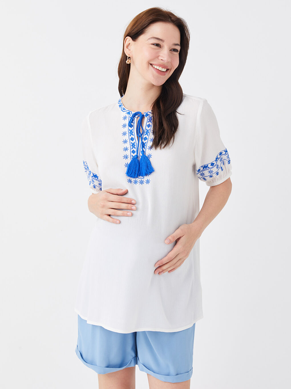 Lapel Collar Embroidered Short Sleeve Maternity Blouse -S3CA67Z8-E5X