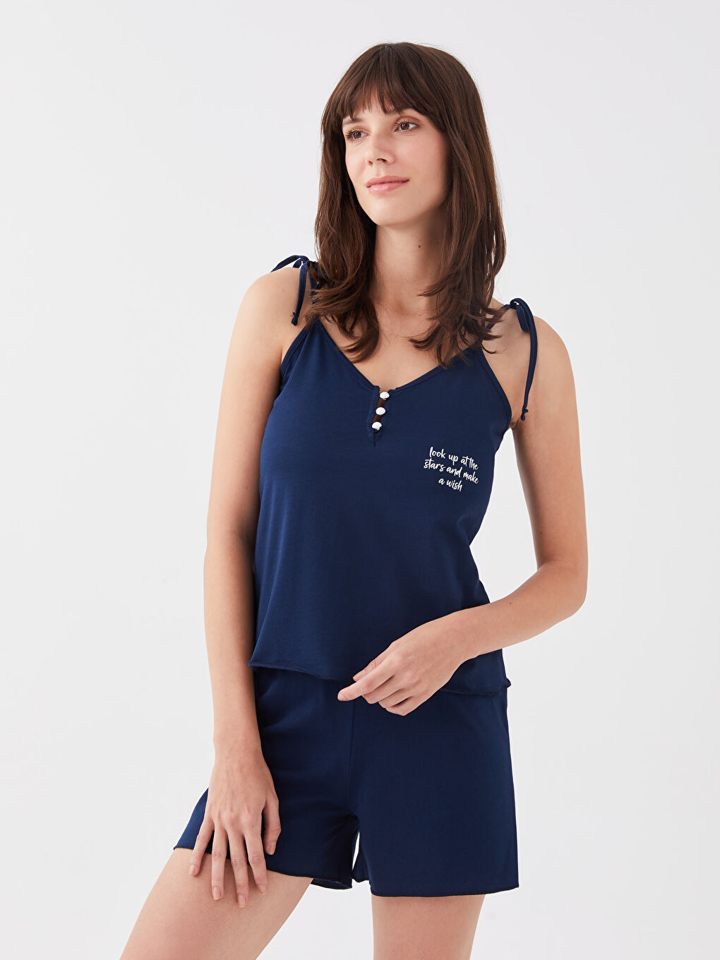 Lacivert V Yaka Baskılı Askılı Kadın Şortlu Pijama Takımı-2