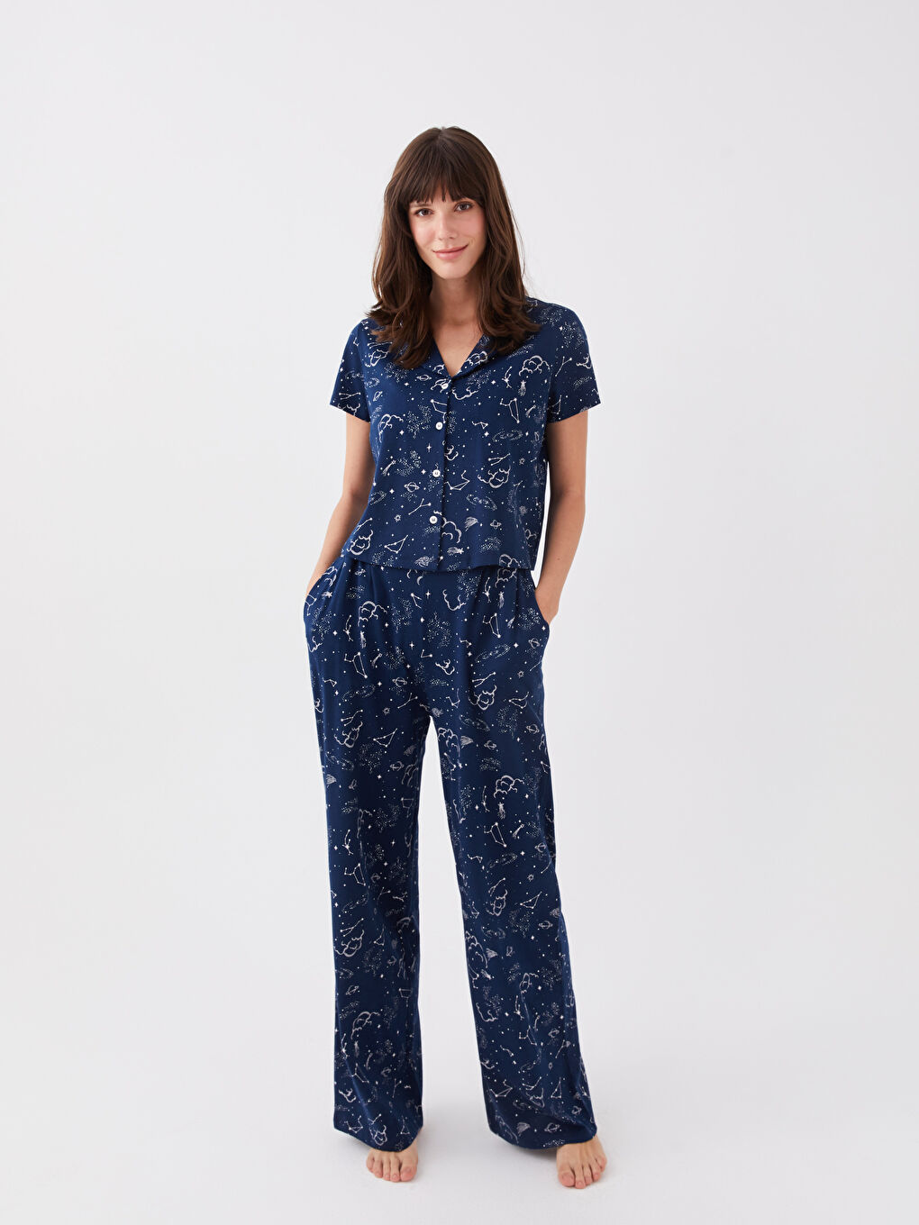 Lacivert Gömlek Yaka Desenli Kısa Kollu Kadın Pijama Takımı-1