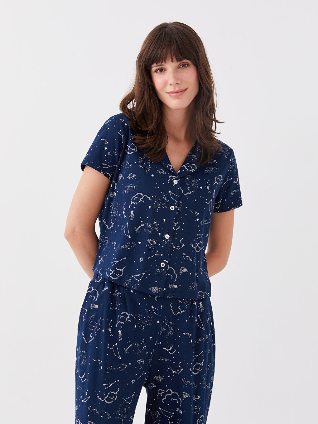 Lacivert Gömlek Yaka Desenli Kısa Kollu Kadın Pijama Takımı-2