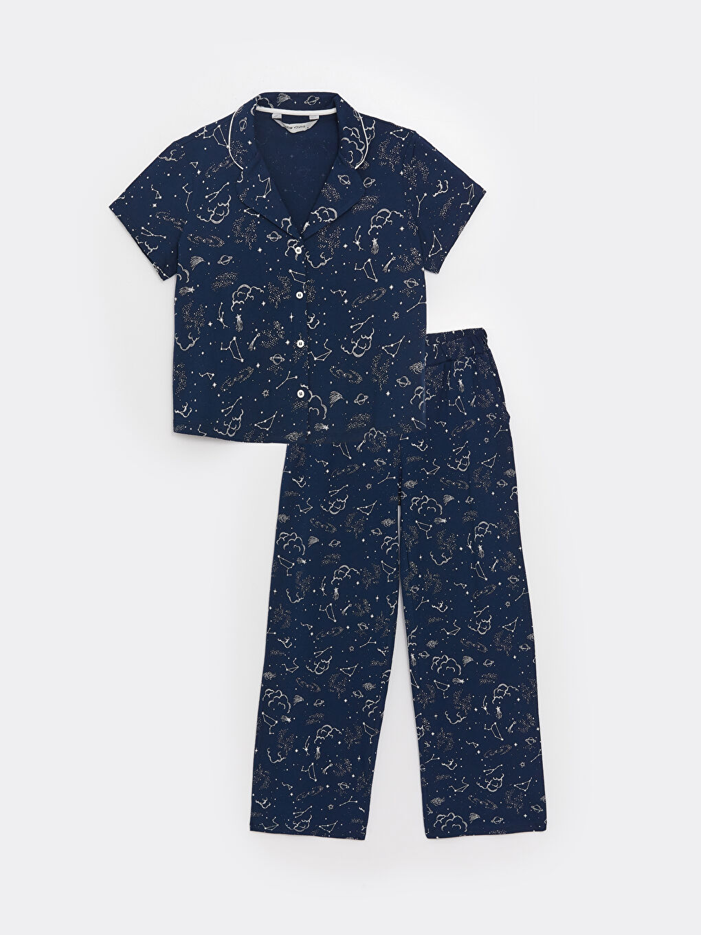 Lacivert Gömlek Yaka Desenli Kısa Kollu Kadın Pijama Takımı-5