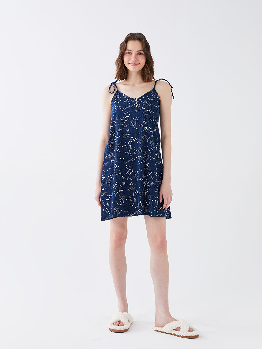 Women's V-Neck Rope Strap Patterned Nightgown -S3CA72Z8-LSJ