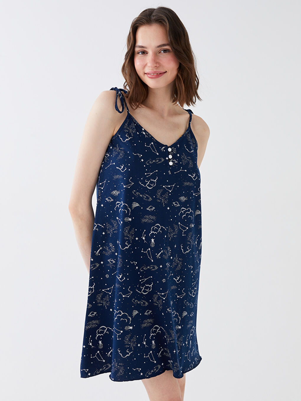 Women's V-Neck Rope Strap Patterned Nightgown -S3CA72Z8-LSJ