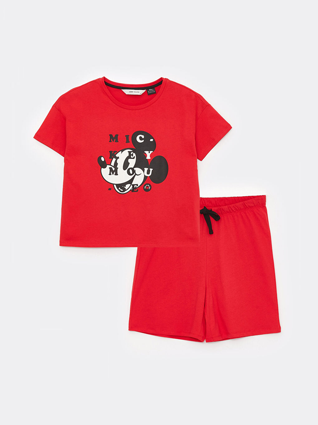Kırmızı Bisiklet Yaka Mickey Mouse Baskılı Kısa Kollu Kadın Şortlu Pijama Takımı-5