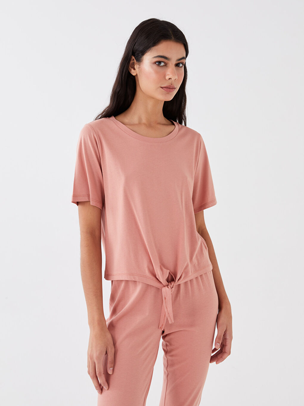 Pembe Bisiklet Yaka Düz Kısa Kollu Kadın Pijama Takımı-1