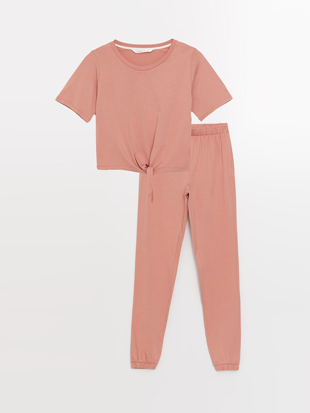 Pembe Bisiklet Yaka Düz Kısa Kollu Kadın Pijama Takımı-4