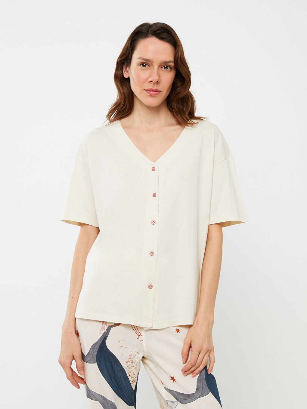 V Neck Patterned Short Sleeve Women's Pajamas Set -S3CA84Z8-LQB