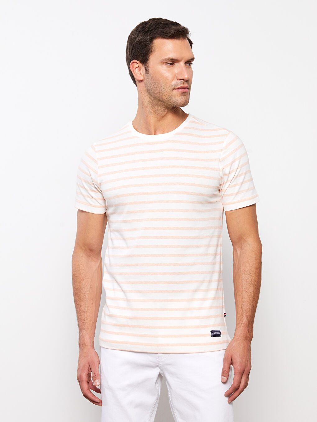 Mercan Bisiklet Yaka Kısa Kollu Çizgili Penye Erkek Tişört-1