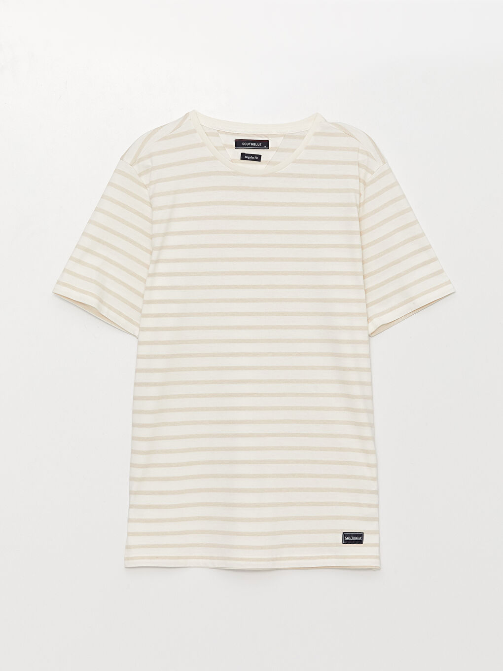 Bej Bisiklet Yaka Kısa Kollu Çizgili Penye Erkek Tişört-5
