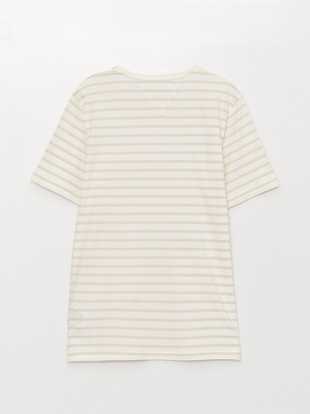 Bej Bisiklet Yaka Kısa Kollu Çizgili Penye Erkek Tişört-6