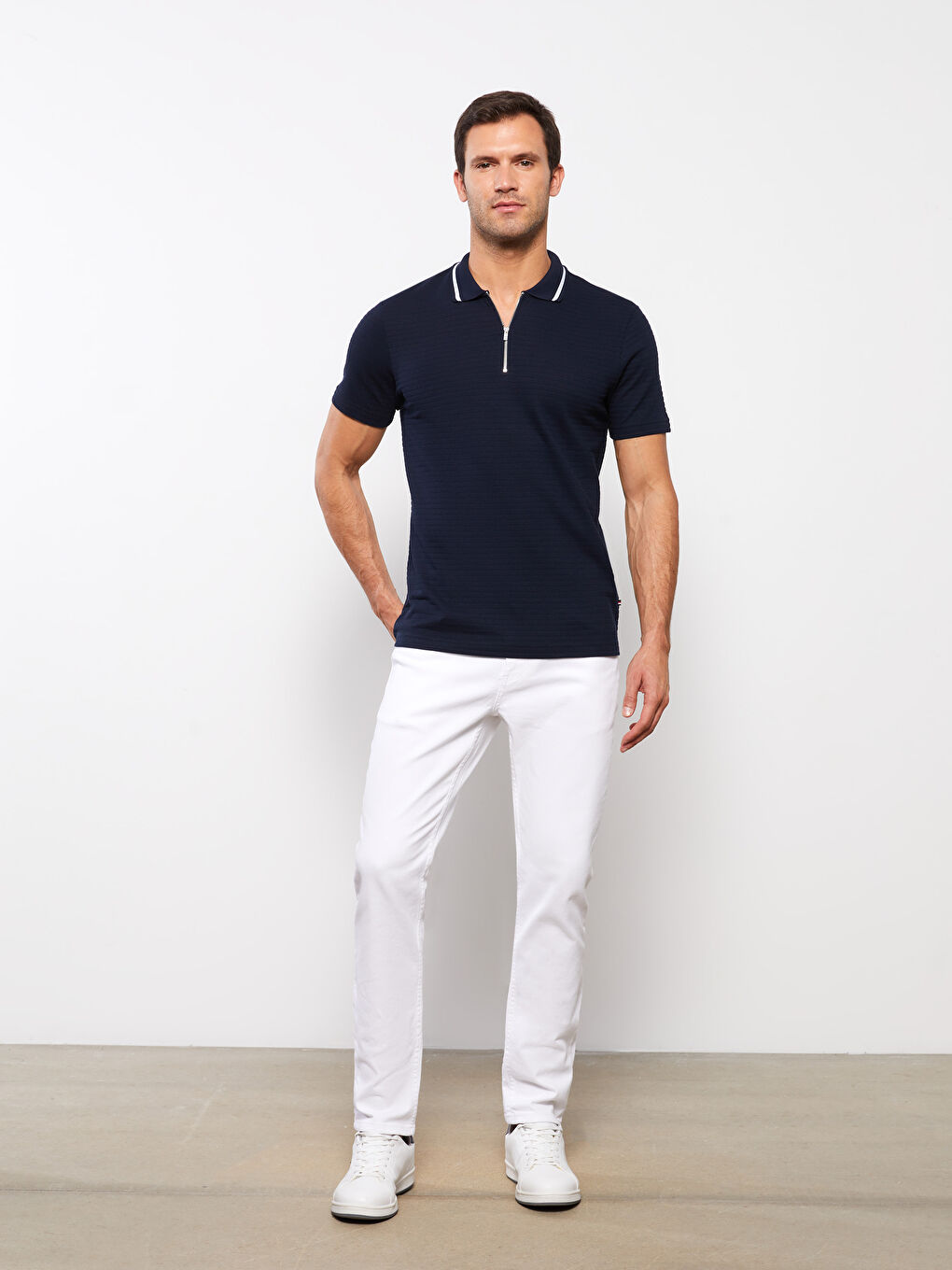 Lacivert Polo Yaka Kısa Kollu Penye Erkek Tişört-2