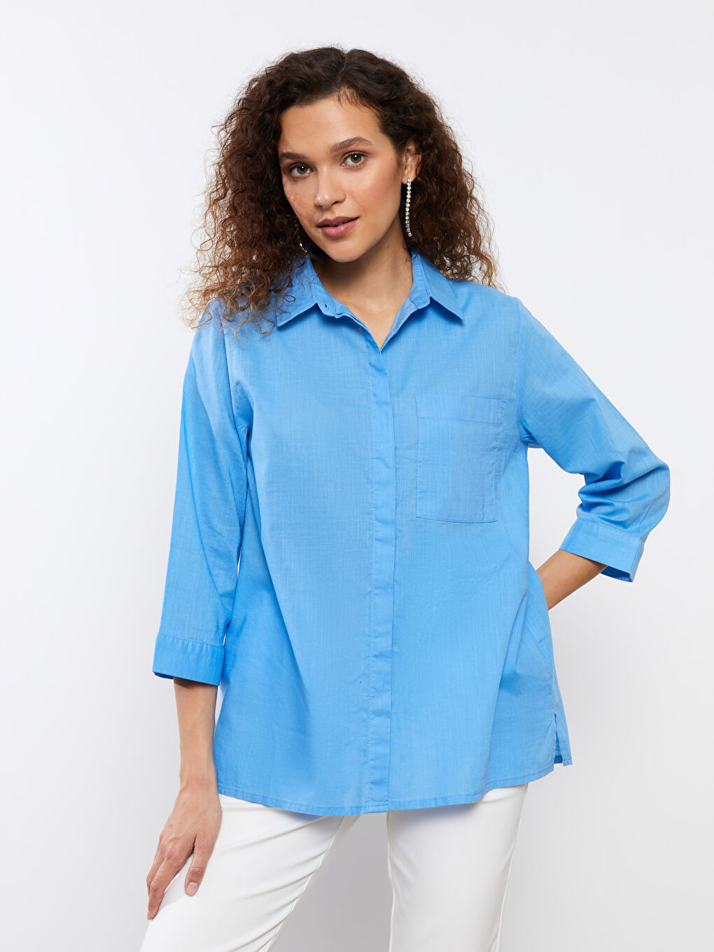 Mavi Kadın Cep Detaylı Düz Gömlek