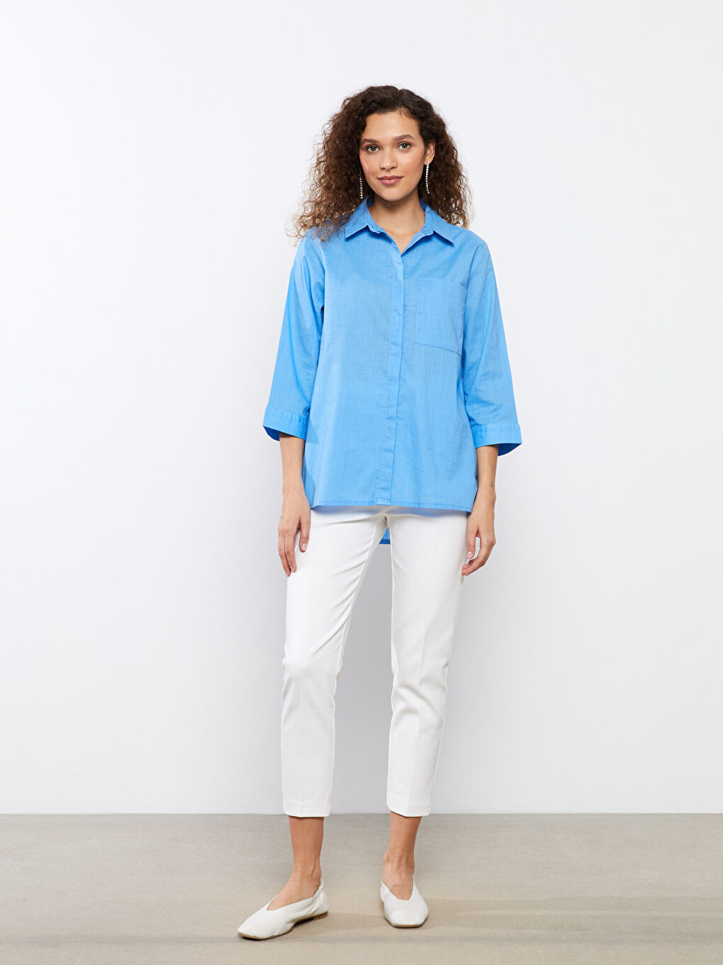 Mavi Kadın Cep Detaylı Düz Gömlek-1