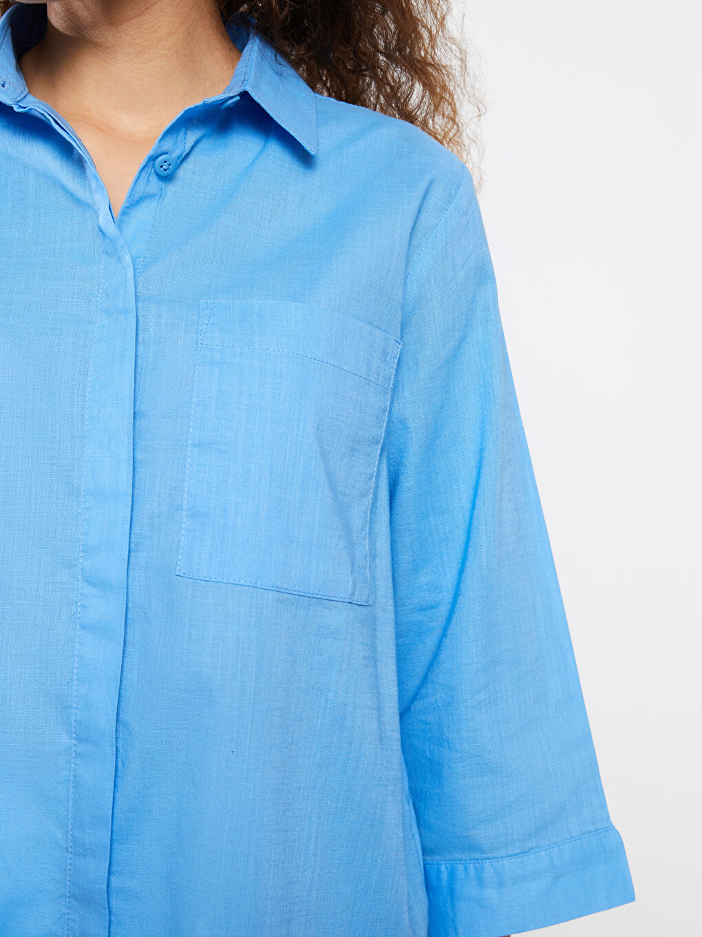 Mavi Kadın Cep Detaylı Düz Gömlek-3