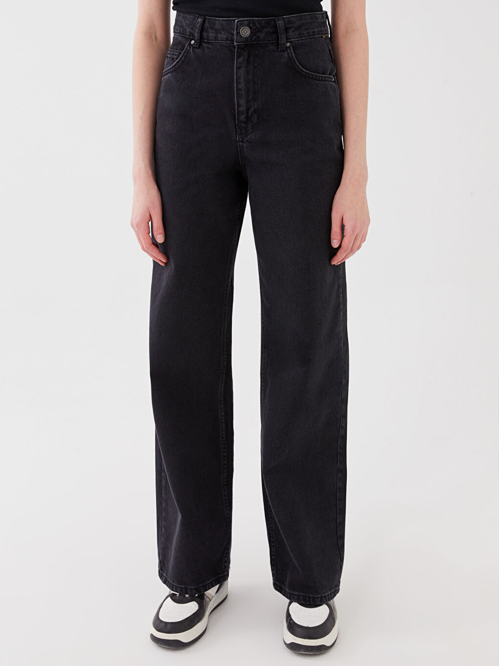 Siyah Yüksek Bel Wideleg Kadın Jean Pantolon-2