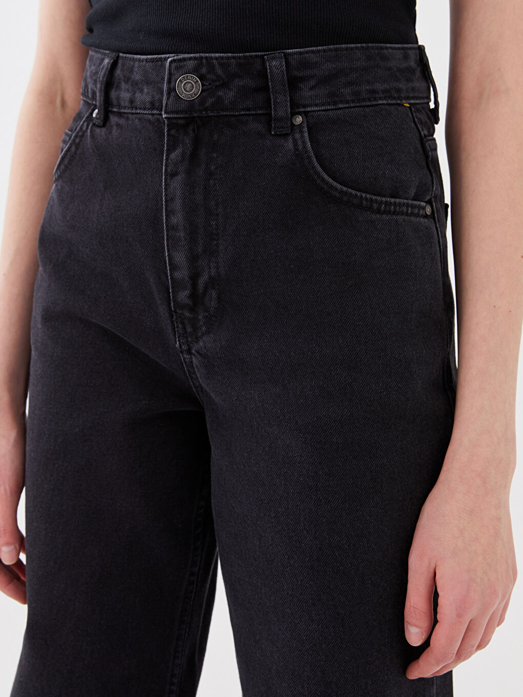 Siyah Yüksek Bel Wideleg Kadın Jean Pantolon-3