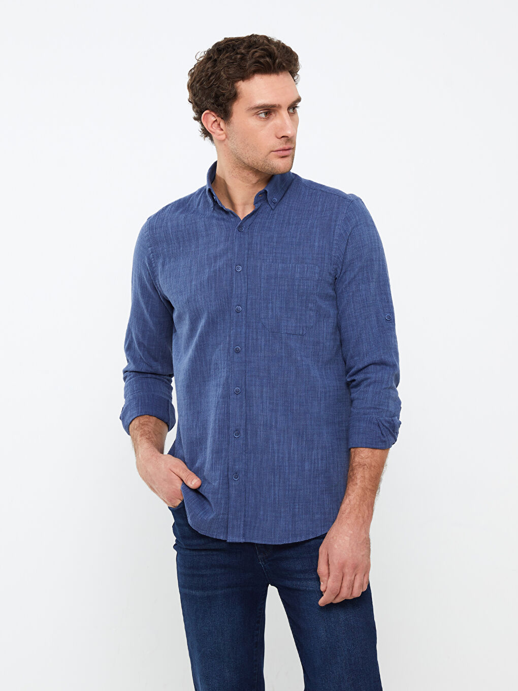 Lacivert Regular Fit Uzun Kollu Poplin Erkek Gömlek-1