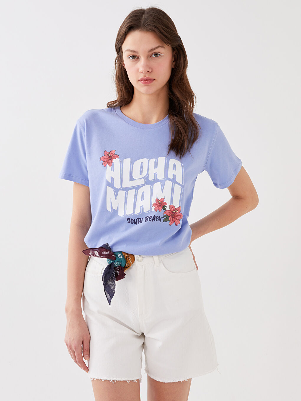 Lila Kadın Bisiklet Yaka Baskılı Kısa Kollu Tişört-1