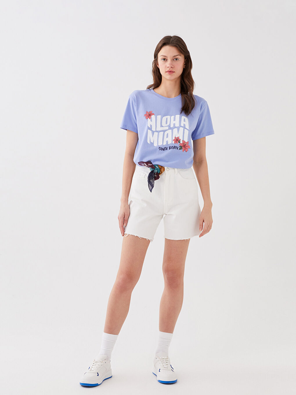 Lila Kadın Bisiklet Yaka Baskılı Kısa Kollu Tişört-2