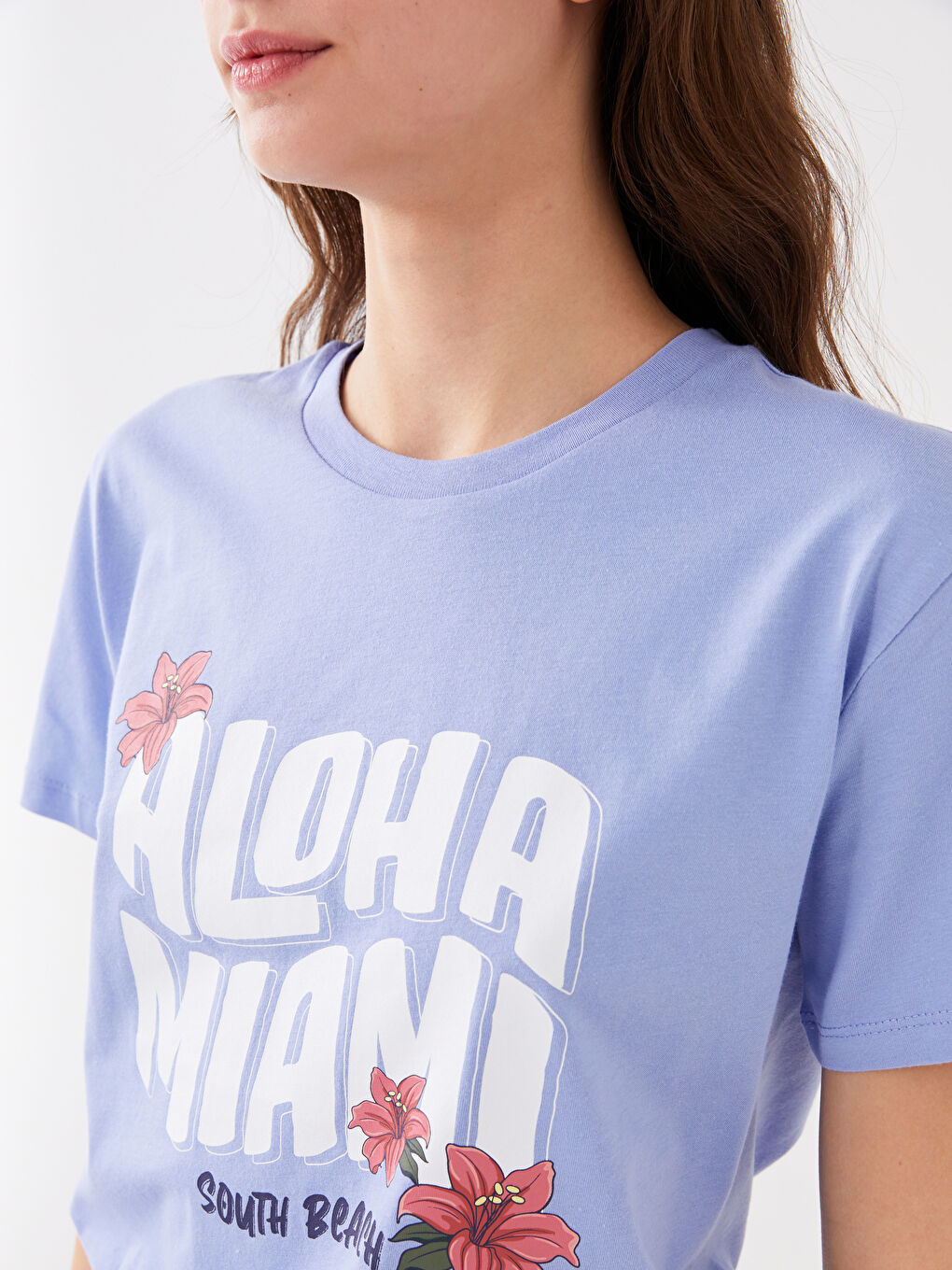 Lila Kadın Bisiklet Yaka Baskılı Kısa Kollu Tişört-3