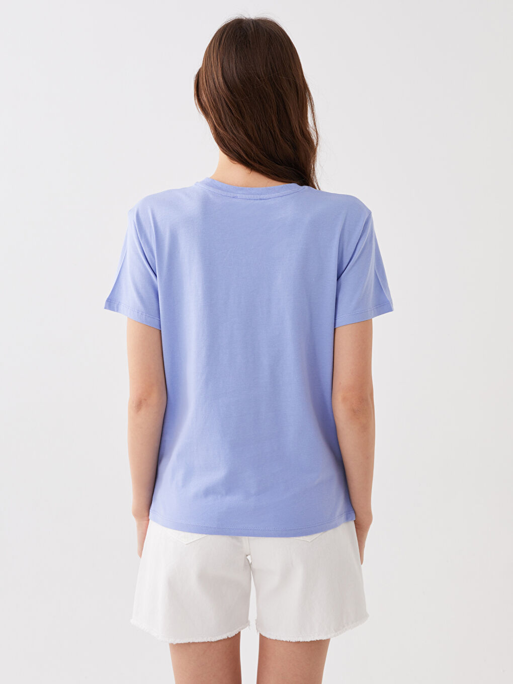 Lila Kadın Bisiklet Yaka Baskılı Kısa Kollu Tişört-4