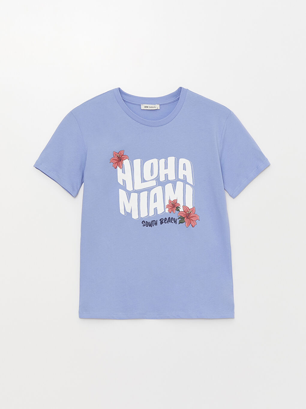 Lila Kadın Bisiklet Yaka Baskılı Kısa Kollu Tişört-5