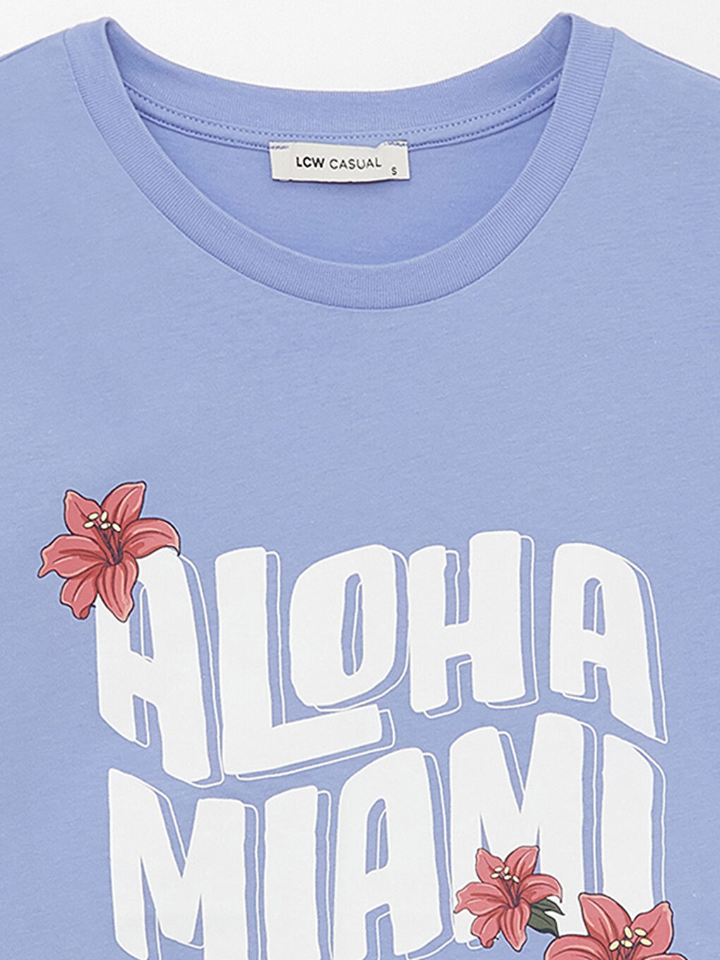 Lila Kadın Bisiklet Yaka Baskılı Kısa Kollu Tişört-7