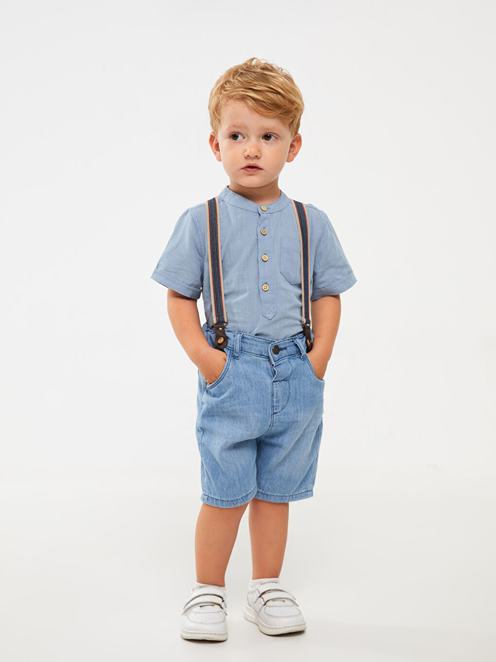 LCW baby Orta İndigo Rodeo Basic Erkek Bebek Jean Şort ve Pantolon Askısı 2'li