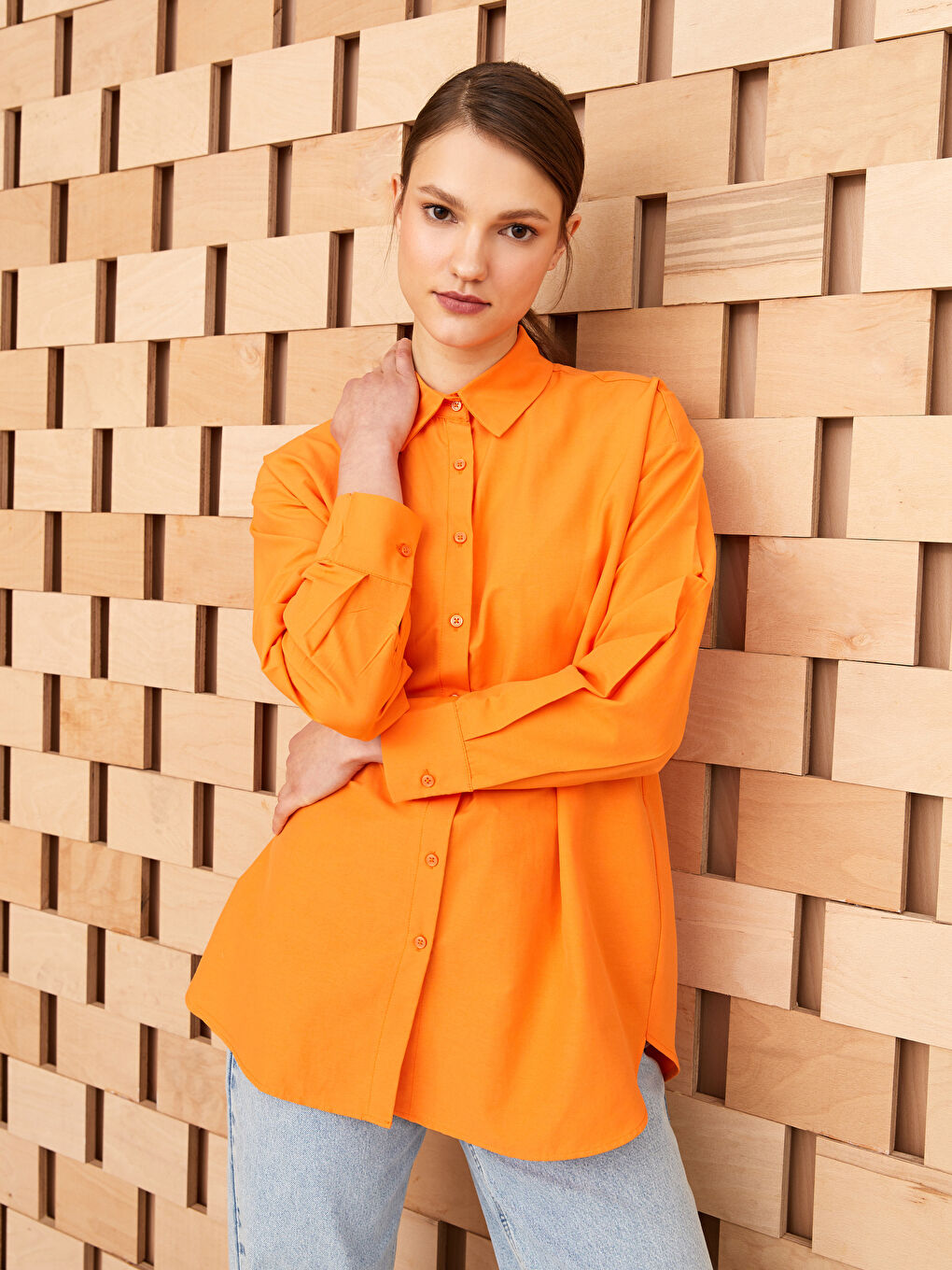 Tunique Chemise Popeline Uni à Manches Longues pour Femmes