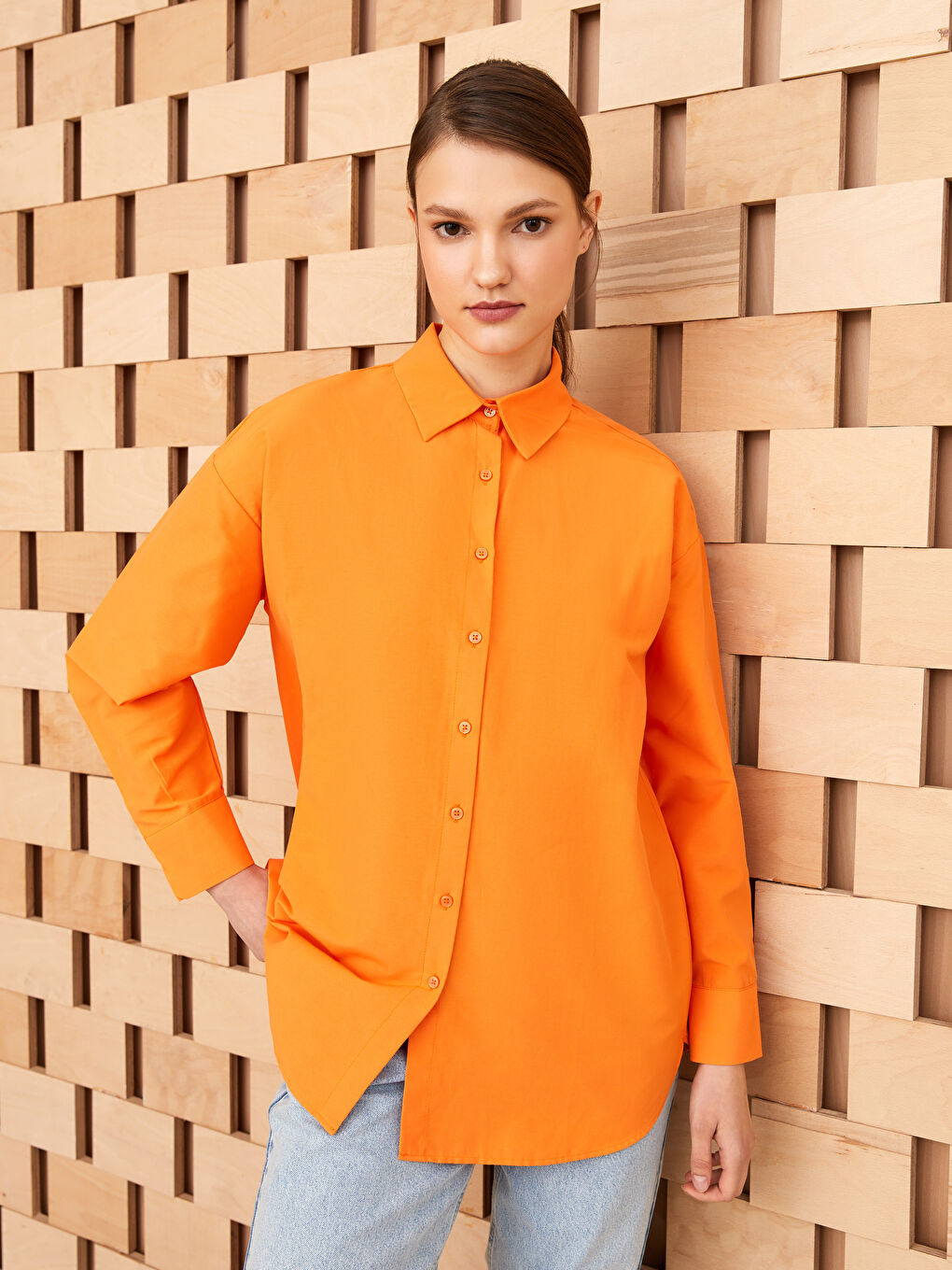 Tunique Chemise Popeline Uni à Manches Longues pour Femmes-1