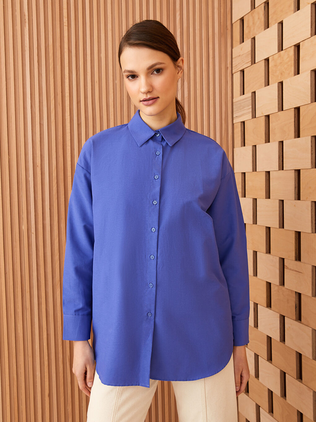 Tunique Chemise Popeline Uni à Manches Longues pour Femmes-1