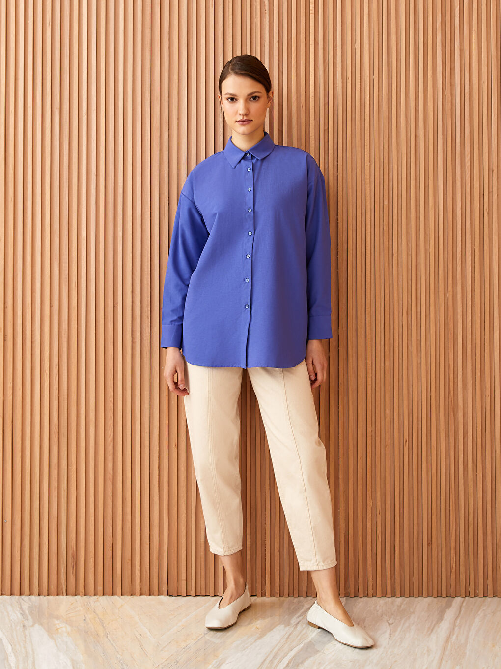 Tunique Chemise Popeline Uni à Manches Longues pour Femmes-2