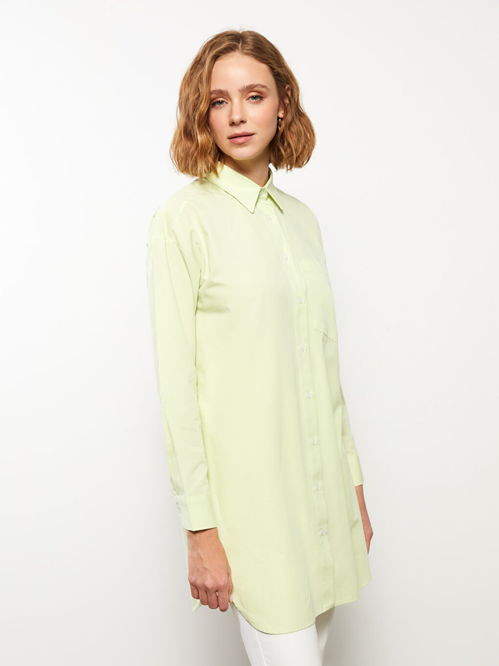 Yeşil Düz Uzun Kollu Oversize Kadın Gömlek Tunik