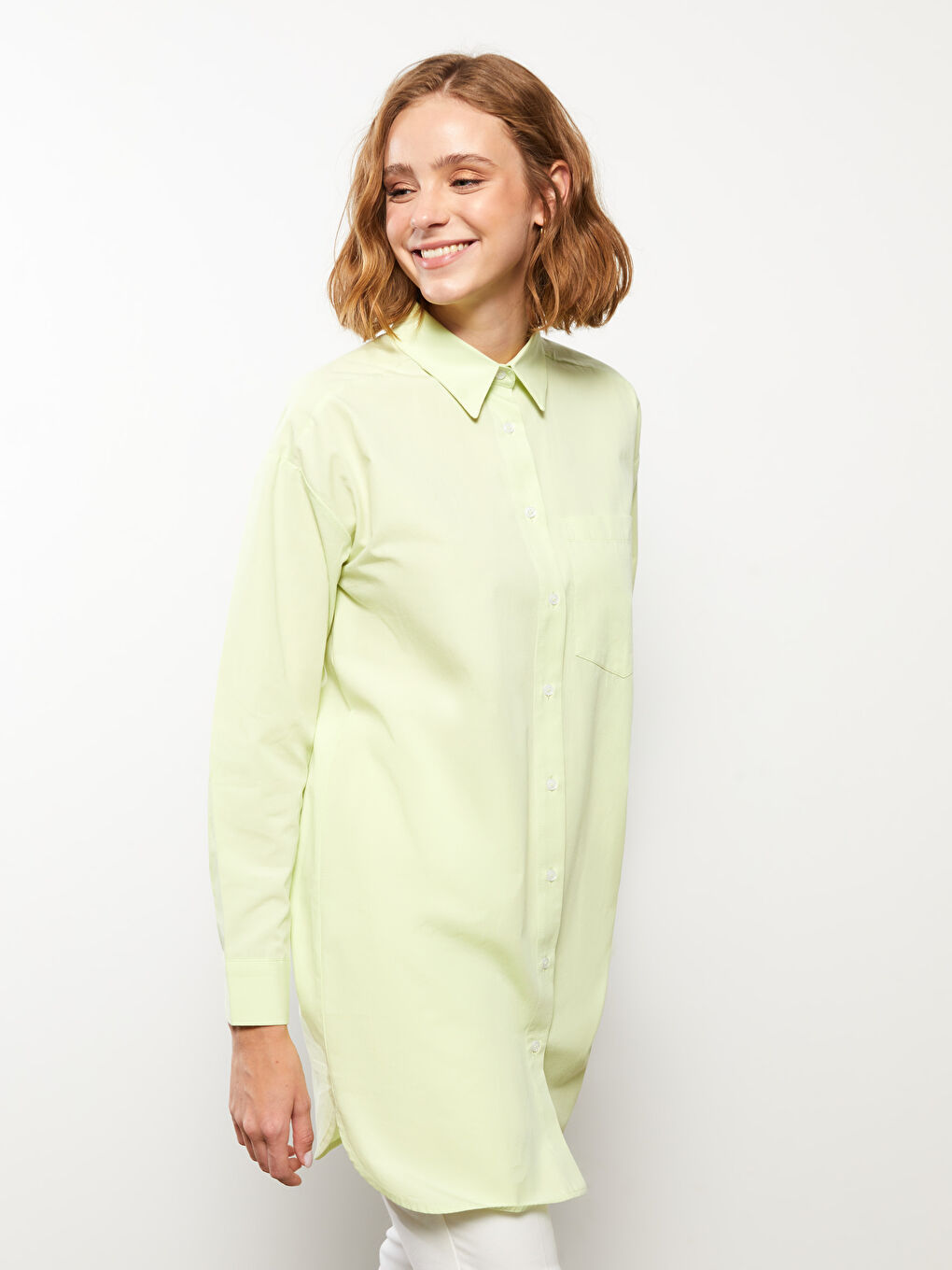 Yeşil Düz Uzun Kollu Oversize Kadın Gömlek Tunik-1