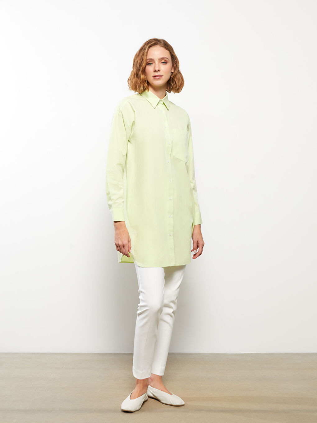 Yeşil Düz Uzun Kollu Oversize Kadın Gömlek Tunik-2