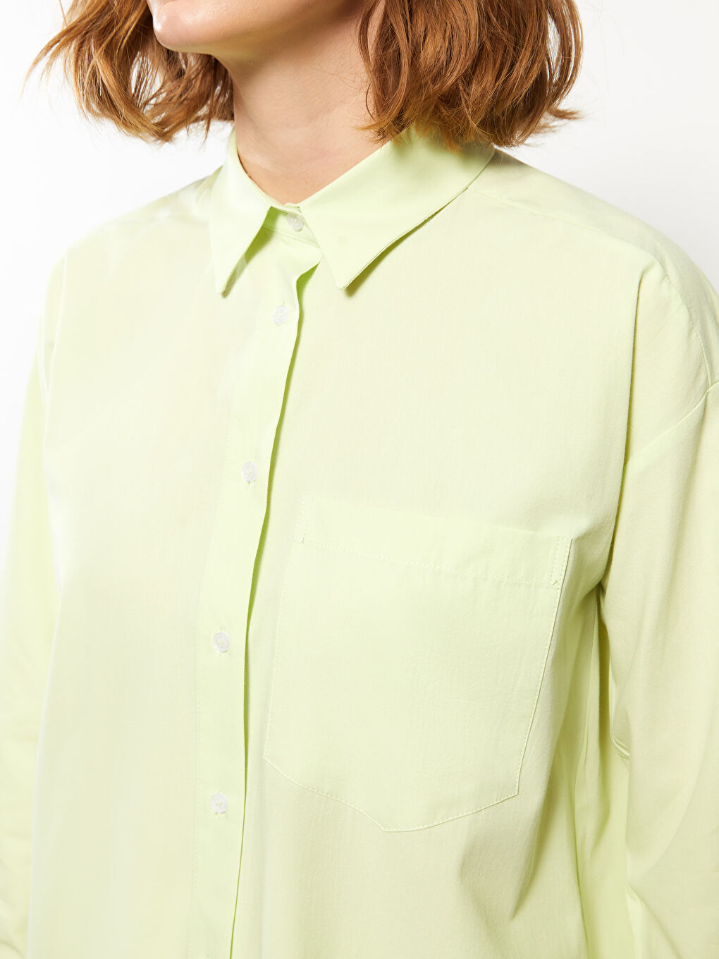 Yeşil Düz Uzun Kollu Oversize Kadın Gömlek Tunik-3