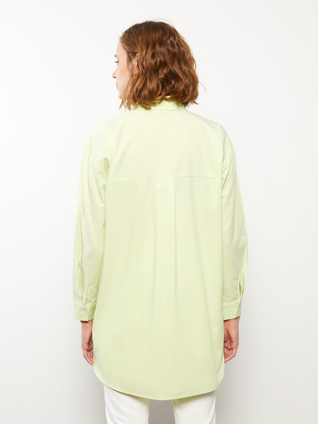 Yeşil Düz Uzun Kollu Oversize Kadın Gömlek Tunik-4