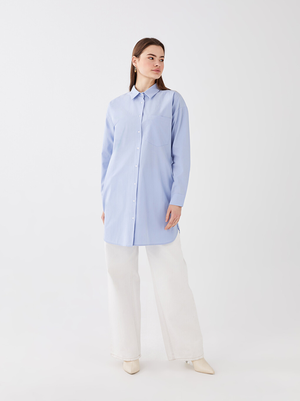 Mavi Düz Uzun Kollu Oversize Kadın Gömlek Tunik