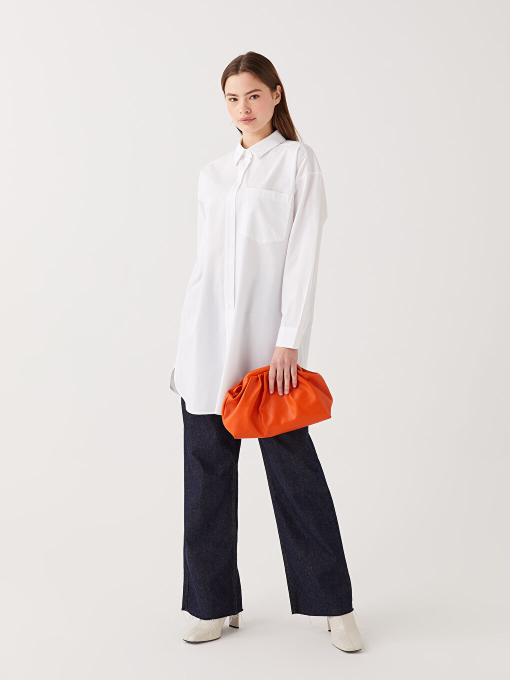 Beyaz Düz Uzun Kollu Oversize Kadın Gömlek Tunik-2