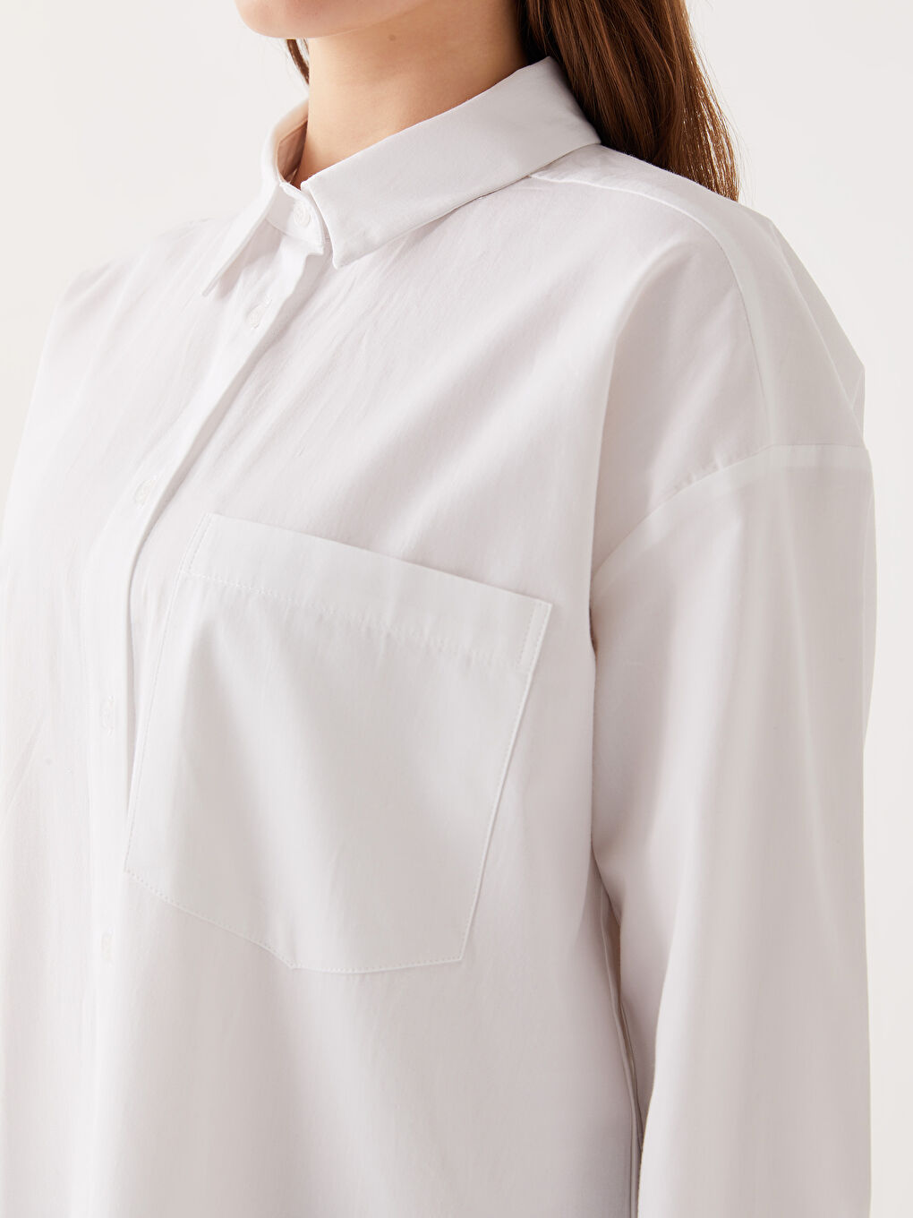 Beyaz Düz Uzun Kollu Oversize Kadın Gömlek Tunik-3