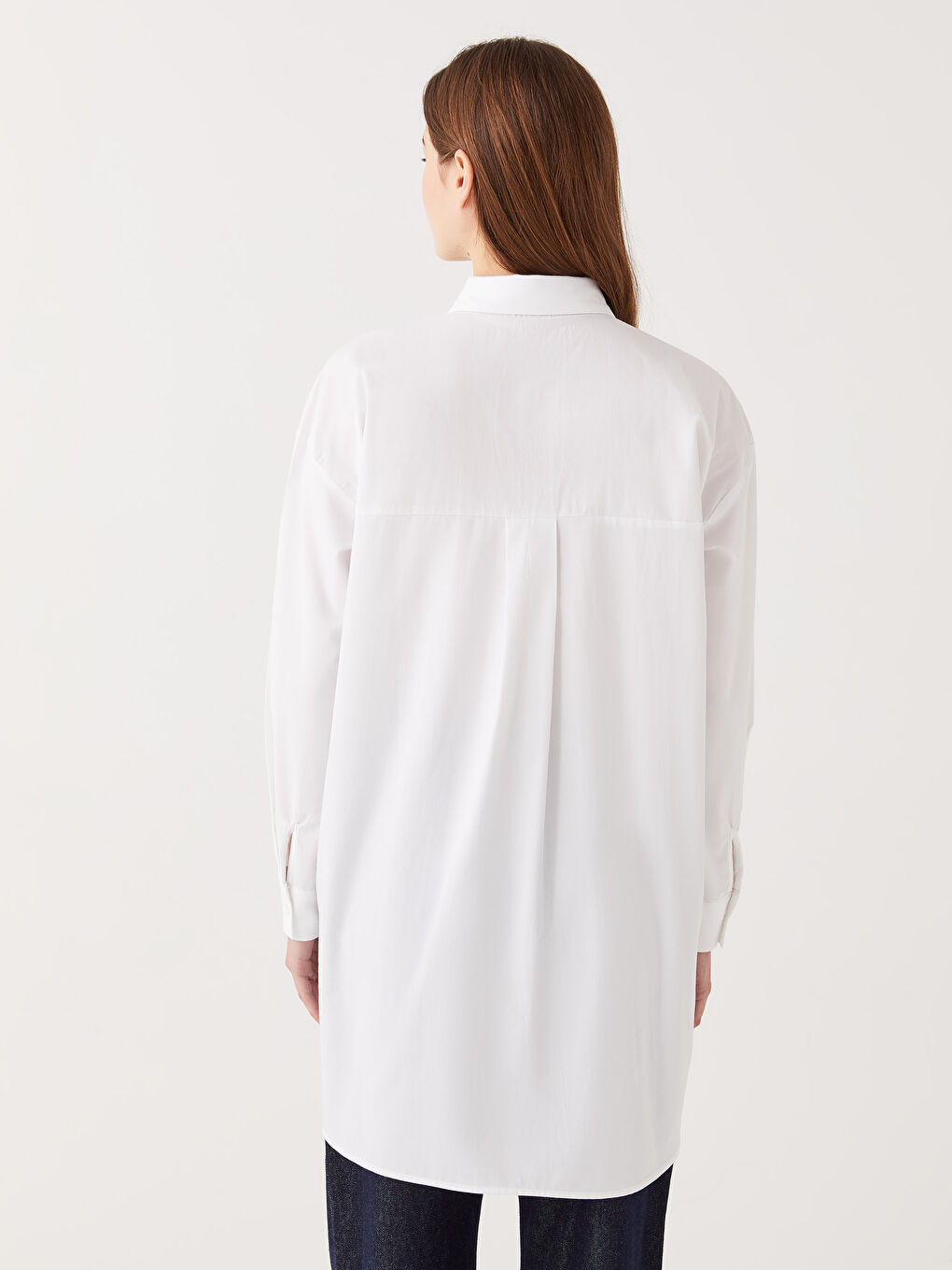 Beyaz Düz Uzun Kollu Oversize Kadın Gömlek Tunik-4