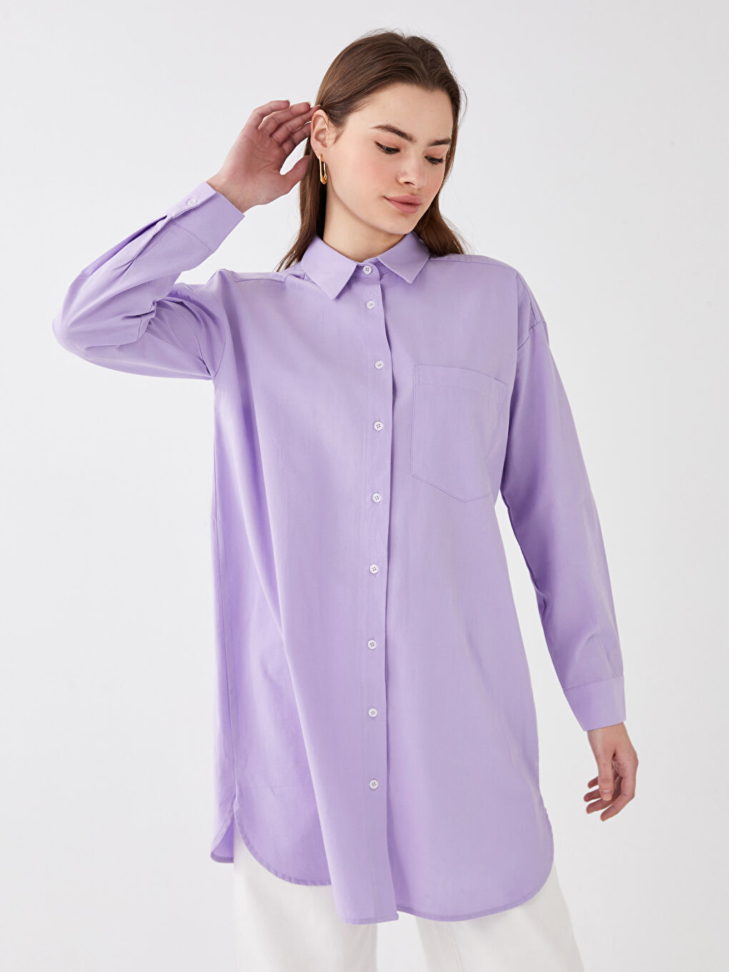 قميص تونيك سادة كم طويل واسع للسيدات