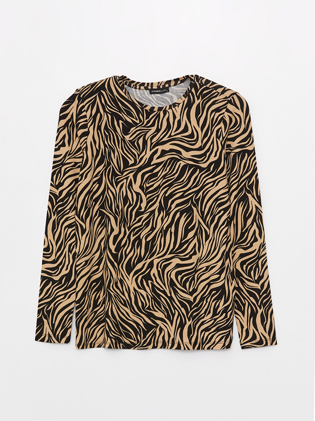 Siyah Bisiklet Yaka Desenli Uzun Kollu Kadın Tişört-5