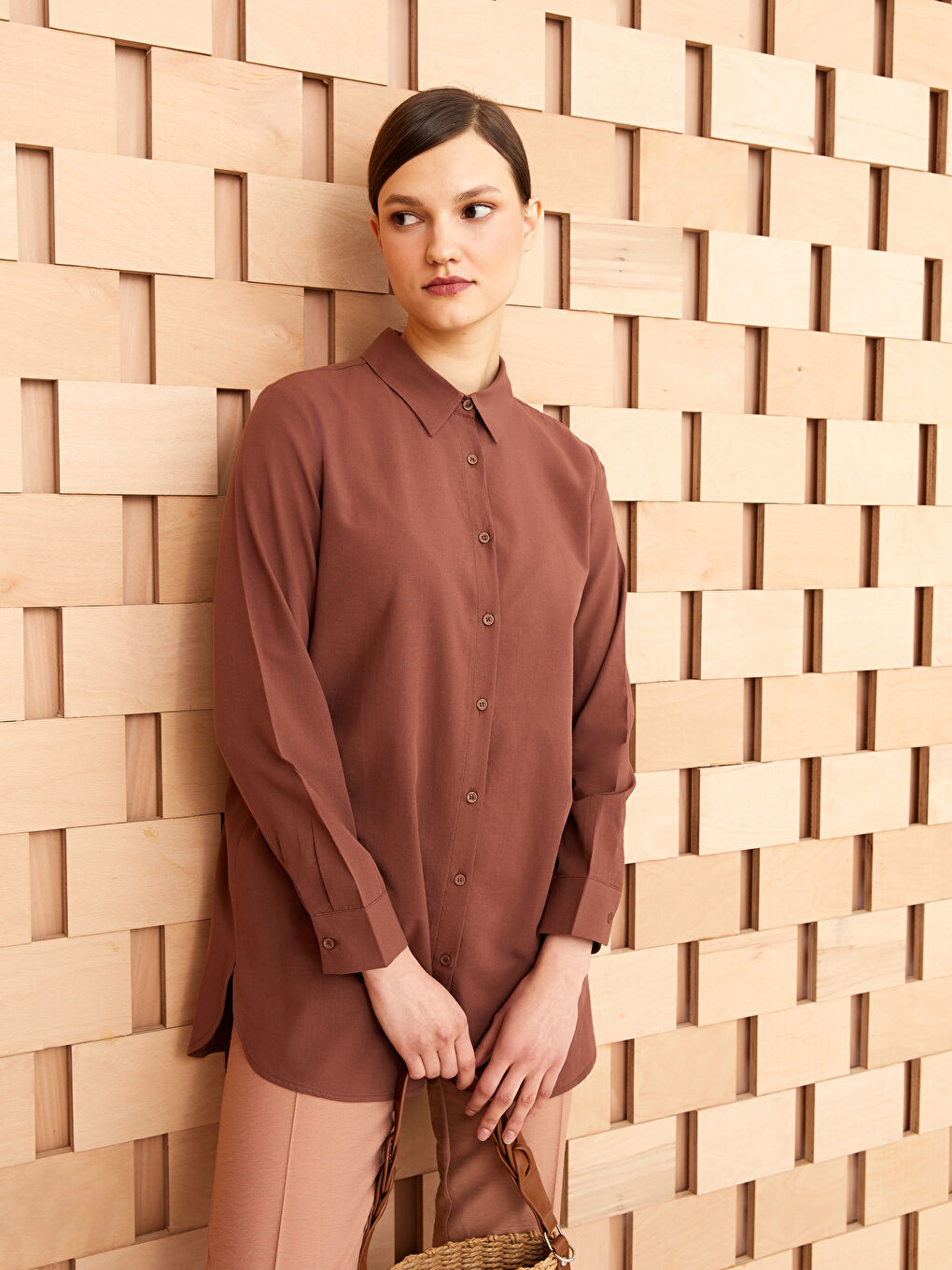 Kahverengi Düz Uzun Kollu Kadın Gömlek Tunik