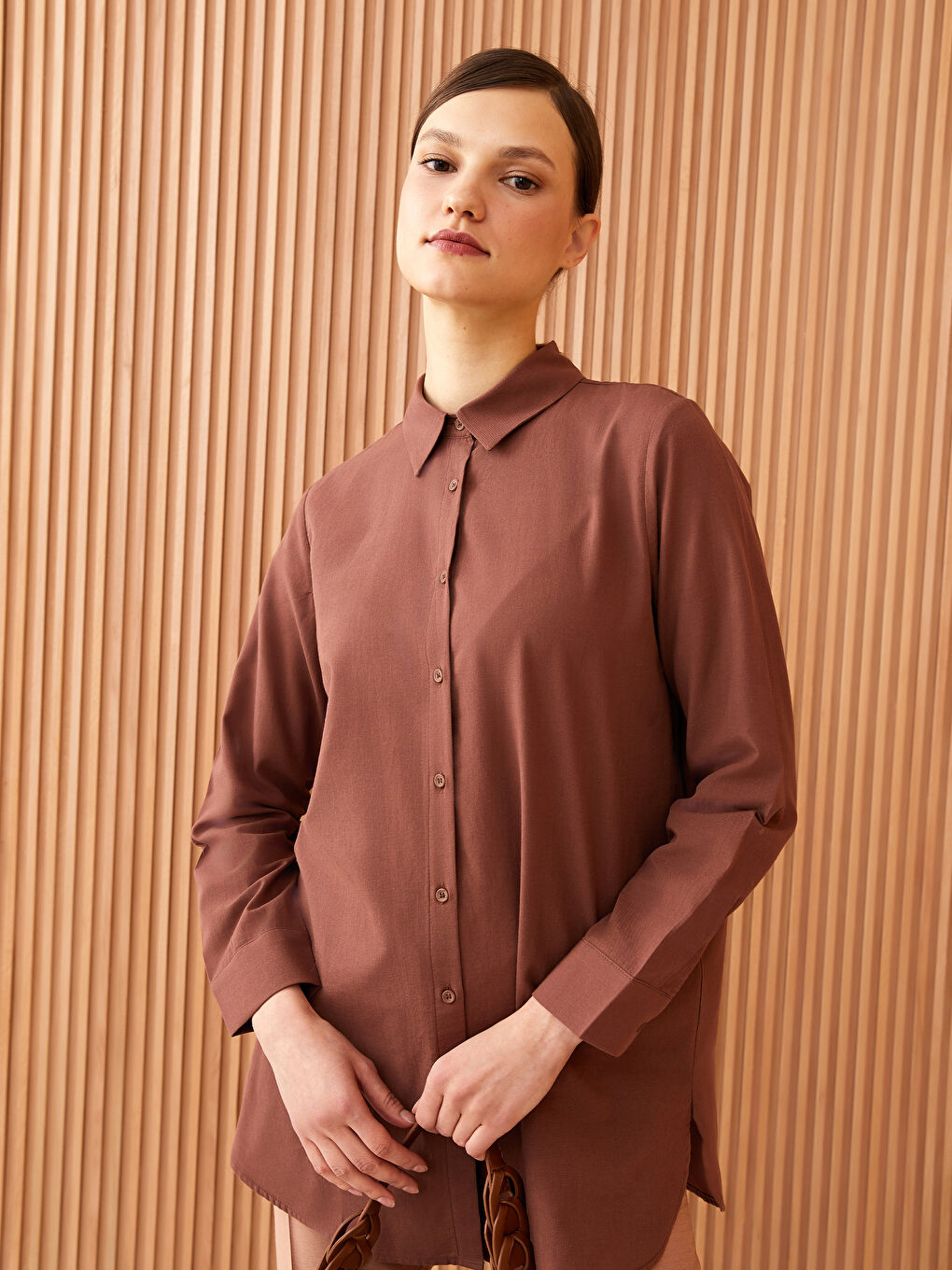 Kahverengi Düz Uzun Kollu Kadın Gömlek Tunik-1